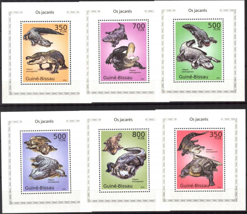 {334} Guinea -Bissau 2010 Crocodiles 6 S/S Deluxe MNH**