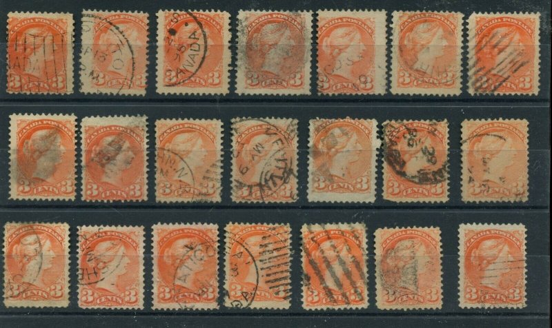 Various cancels 21 x 3 cent Small Queen lot collection used Canada