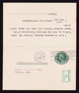 US REPLY CARD ENTIRE REVALUED SCOTT #UY14 (PM4 + PR4) 1951 PREPRINTED MASONIC