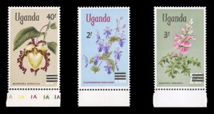 Uganda #130-132 Cat$25.40, 1975 Surcharges, sheet margin set of three, never ...