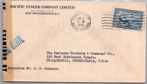 CANADA POSTAL HISTORY WWII CENSORED AIRMAIL COVER ADRR USA CANC YR'1943