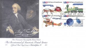 1975 FDC, #1575a, 10c Bicentennial of Postal Service, Fleetwood, block of 4