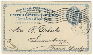 1897 Chicago, Illinois flag cancel on postal card to LUXEMBOURG