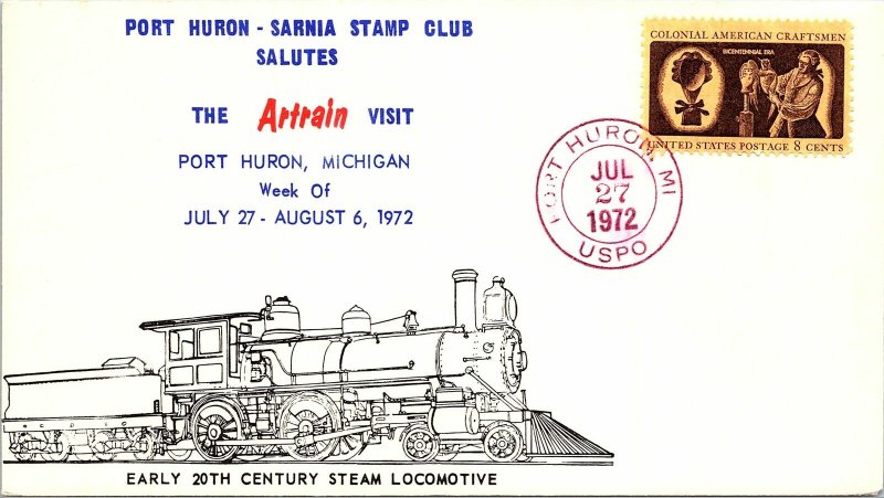 1972 Port Huron, MI R.P.O. Railway Post Office + Art Train Cachet #162