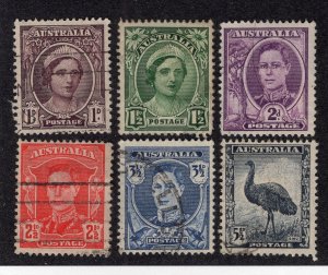 Australia 1942-44 Set of 6 Elizabeth, George VI & Emu, Scott 191-196 used