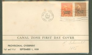 Canal Zone 118/119 FDC 1939 1/2c Franklin + 1.5c Martha Washington Prexies with provisional overprints on an addressed (pencil)