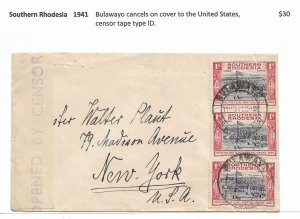 Bulawayo, Southern Rhodesia to New York, NY 1941 Censored (C4727)