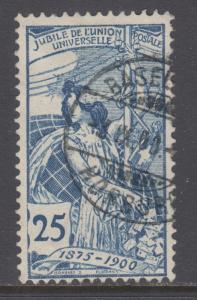 Switzerland Sc 100 used. 1900 25c blue UPU Allegory, nice cancel, sound.