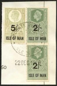 Isle of Man KGVI 5/- & QEII 2 x 2/- Key Plate Type Revenues CDS on Piece