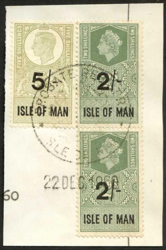 Isle of Man KGVI 5/- & QEII 2 x 2/- Key Plate Type Revenues CDS on Piece