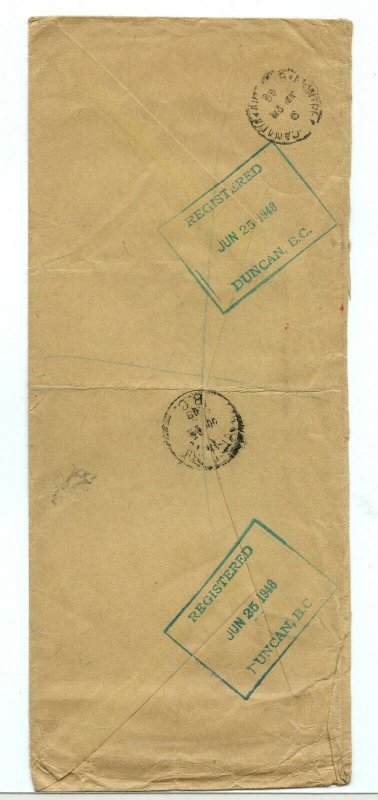 $1.45 high value Registered DUNCAN B.C. to England 1948 cover Canada