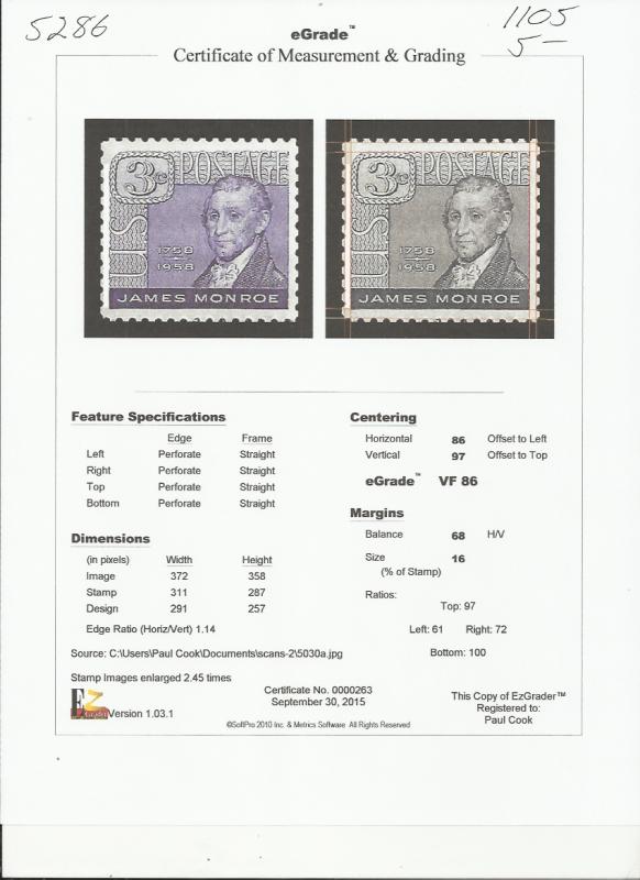 # 1105 MINT NEVER HINGED JAMES MONROE     VF+