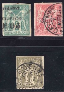 MOMEN: FRENCH COLONIES GUIANA SC #5,16,17 1887 USED SIGNED LOT #65896