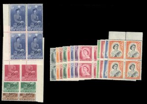 New Zealand #288-301 Cat$717, 1952-57 QEII, complete set in blocks of four, n...