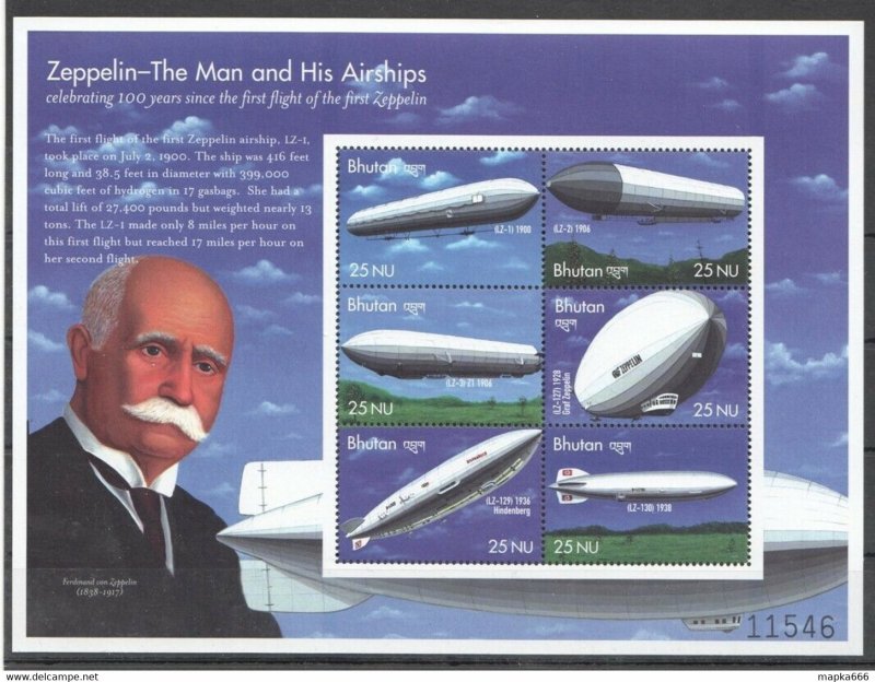 Bhutan Aviation Zeppelin The Man & His Airships 1Kb ** Stamps Pk314