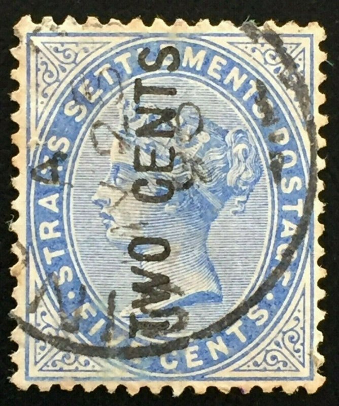 Malaya Straits Settlements 1884 QV 2c on 5c Wide EN & S Used SG#77 M2075