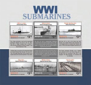 BEQUIA 2015 - WORLD WAR I SUBMARINES - SHEET OF 6 STAMPS - MNH