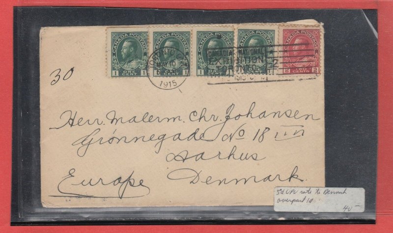 1915 admiral cover to Denmark 5 stamps with receiver CAanda