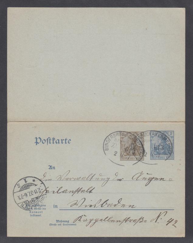 Germany H&G 72 used. 1907 Provisional reply card with 1907 Railway cancels