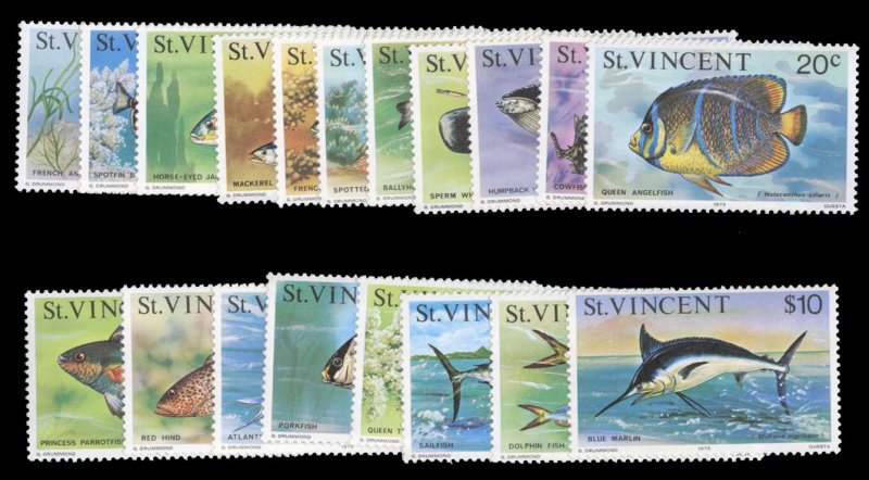 St. Vincent #407-425 Cat$30.30, 1975 Fish, complete set, never hinged