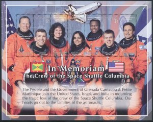 GRENADA CARRIACOU& PETTITE MARTINIQUE 2003 ILAN RAMON COLUMBIA CRASH S/SHEET MNH