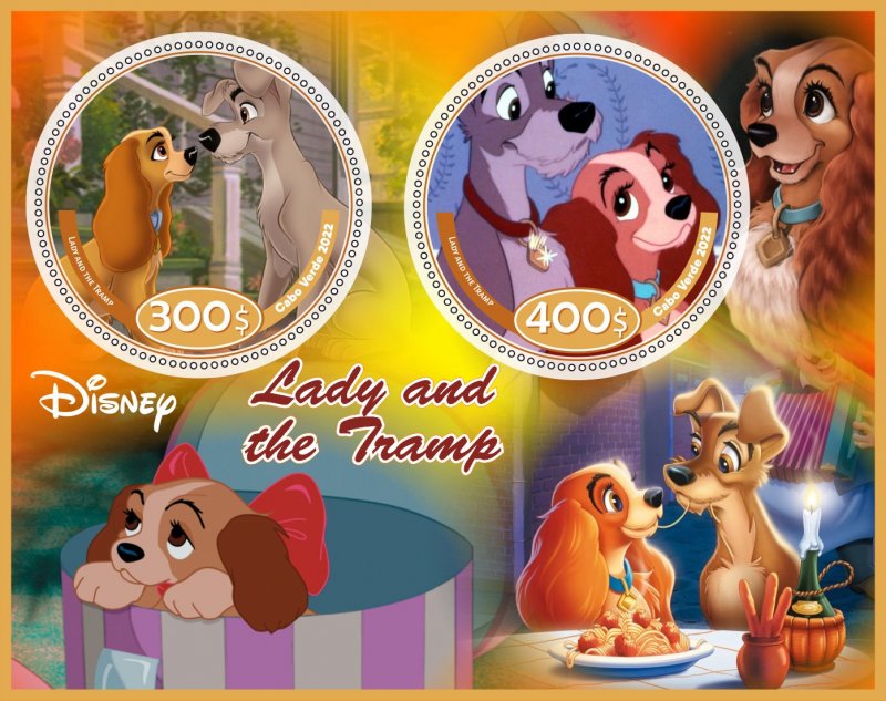 Stamps. Cartoons. Disney. Lady and the Tramp Cabo Verde 2022 year 1+1 sheet perf