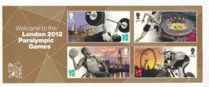 GB VF-MNH WELCOME TO THE LONDON PARALYMPIC GAMES 2012 S/SHEET PO FRESH