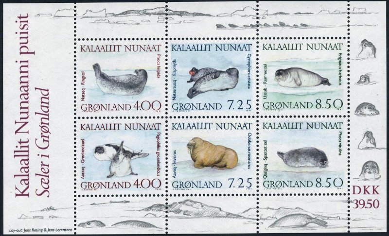 Greenland 233-238,238a sheet, MNH. Michel 211-216, Bl.3. Walrus and Seals, 1991.