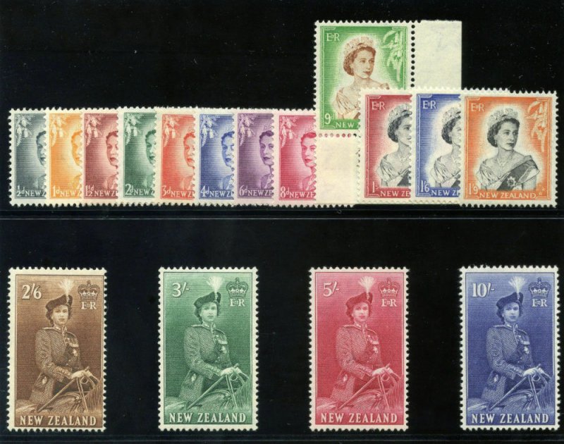 New Zealand 1953 QEII Definitive set complete MLH. SG 723-736. Sc 288-301.