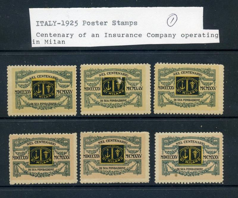 6 VINTAGE 1925 MILAN INSURANCE CENTENARY POSTER STAMPS (L852) ITALY