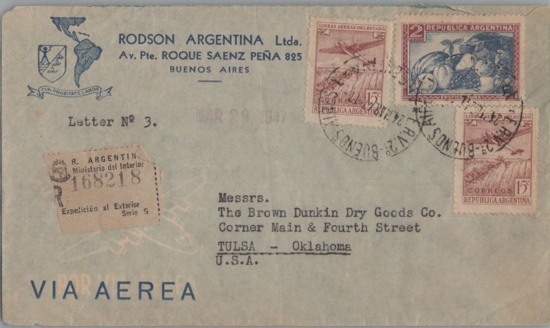 ARGENTINA POSTAL HISTORY REGISTERED AIRMAIL COVER ADDR USA CANC YR'1947