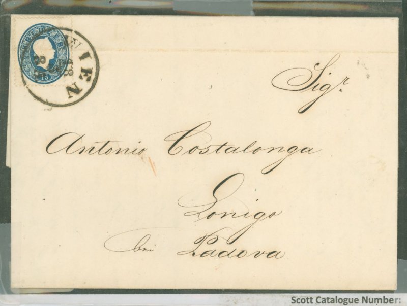 Austria 16a Deep blue shade tied Wien to Lonigo (Venetia) faint blurred backstamp.  An 1861 dated folded business letter.