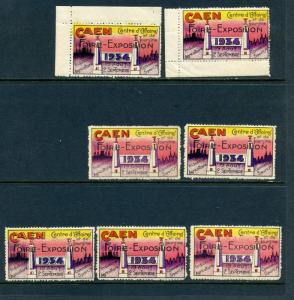 7 VINTAGE 1934 CAEN  FIORE EXPO FRANCE EXPO POSTER STAMPS (L677) FRENCH