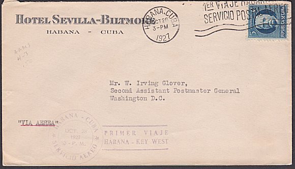 CUBA 1927 first flight cover Havana to Key West Florida.....................P160