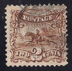 #113 2 cents Post Horse & Rider, Brown Stamp used F