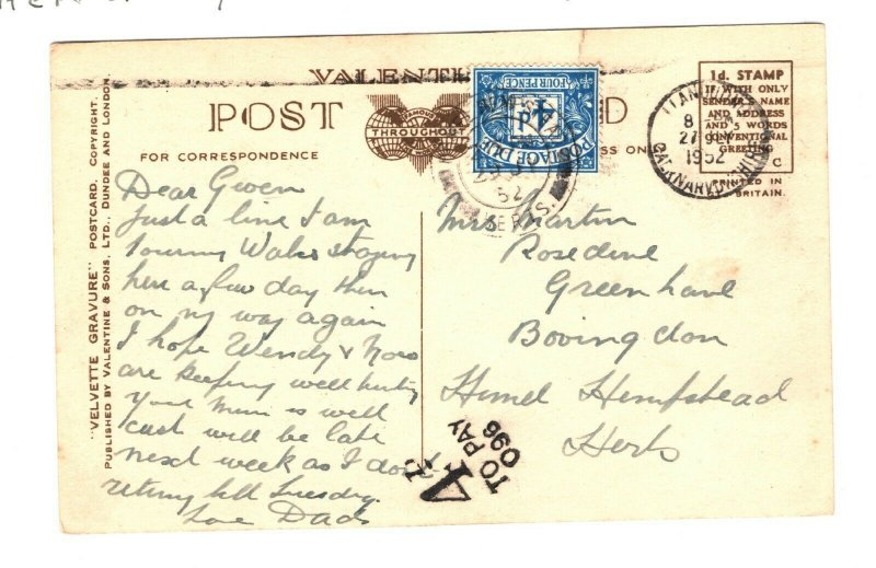 GB Wales Unpaid Postcard *4d/ TO PAY/ 096* Llandudno Colwyn Bay 1952 ZB150 