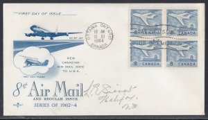 Canada Scott 436 Blk 4 Rose Craft FDC - 8c Air Mail Issue