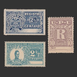 COLOMBIA - ANTIOQUIA 1896 - 99. SCOTT # F2 - F4. REGISTRATION STAMP.