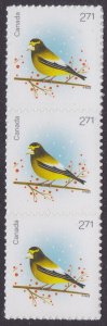 Canada 3367 Christmas Holiday Birds Grosbeak $2.71 vert strip (3) MNH 2022