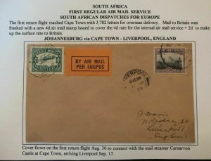 1929 Johannesburg South Africa First Regular Airmail Cover To Liverpool England