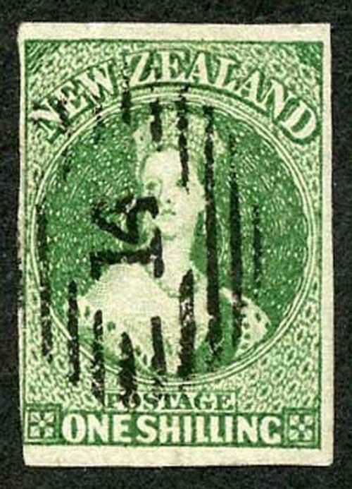 New Zealand SG44 1/- Green Wmk Large Star just touched Cat 325 pounds