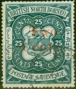 North Borneo 1890 2c on 25c Indigo SG51 Good Used 