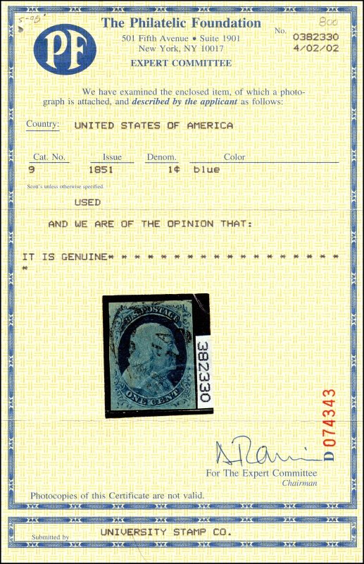 Scott 9 1 Cent Franklin Used PSE Cert Grade 95 SCV $525.00