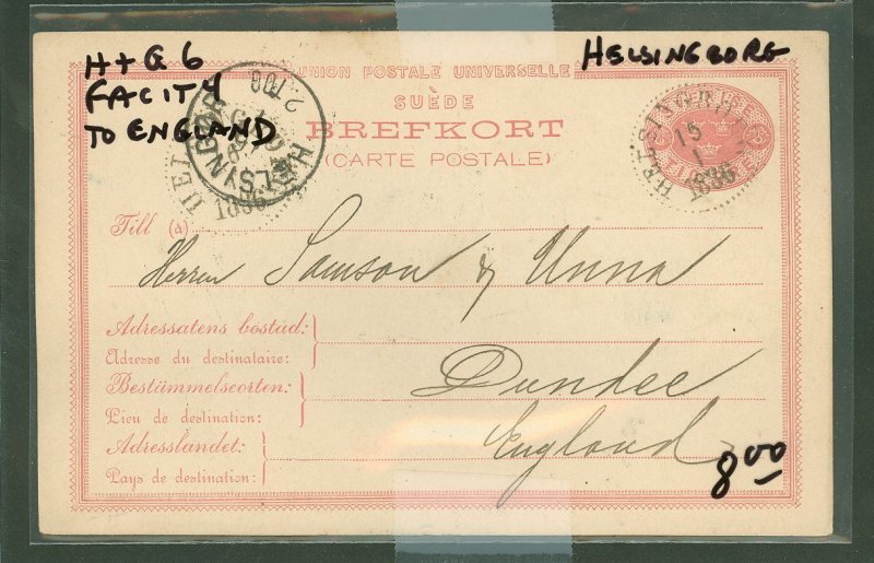 Sweden  postal card to england, helsingborg 1886