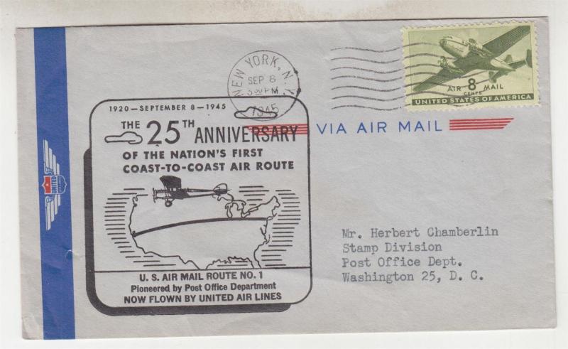 25th. Anniversary of Coast to Coast Air Route # 1, 1945 United Air Lines cover. 