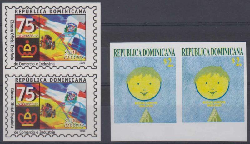 DOMINICAN REPUBLIC 1999-2000 Sc 1344 & 1347 IMPERF PAIRS, ONE W/O BLACK INSCRIPT