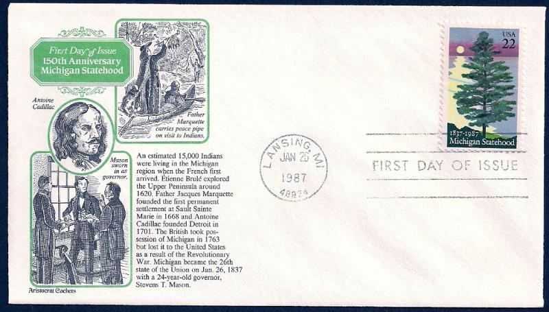 UNITED STATES FDC 22¢ Michigan Statehood 1987 Aristocrat