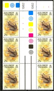SOLOMON ISLANDS 1979-83 25c MARSH FROG Plate No Gutter Blk 6 Sc 406 MNH