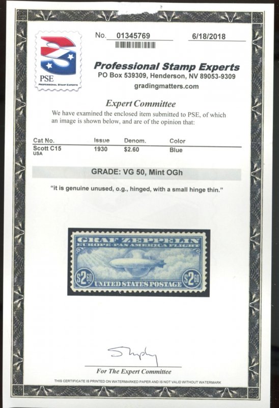 U.S. #C15 MINT WITH PSE CERT OG HR