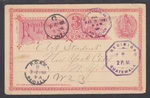 Guatemala H&G 4 used 1901 Postal Card, ANTIGUA, GUATEMALA to NEW YORK, VF